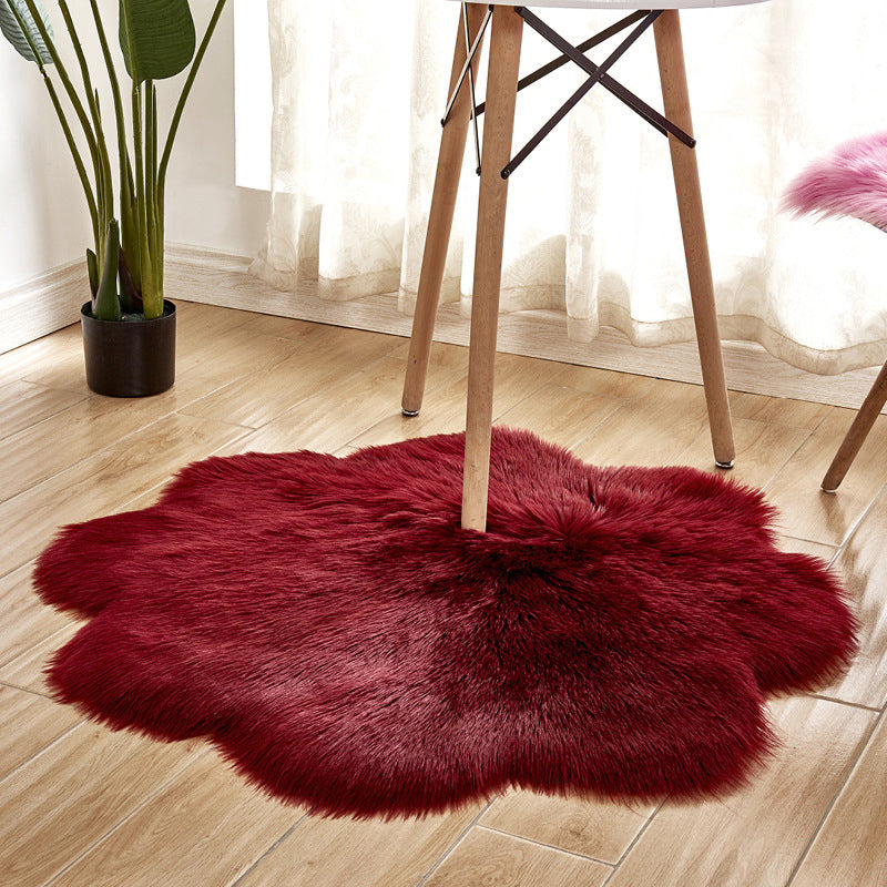 Floral Multi Color Plain Rug Faux Fur Minimalist Carpet Pet Friendly Washable Rug for Girls Bedroom Burgundy 2'11