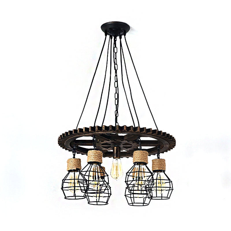 Black Wagon Wheel Chandelier Lamp Industrial Metal 5/7-Light Living Room Hanging Light Clearhalo 'Cast Iron' 'Ceiling Lights' 'Chandeliers' 'Industrial Chandeliers' 'Industrial' 'Metal' 'Middle Century Chandeliers' 'Rustic Chandeliers' 'Tiffany' Lighting' 207218