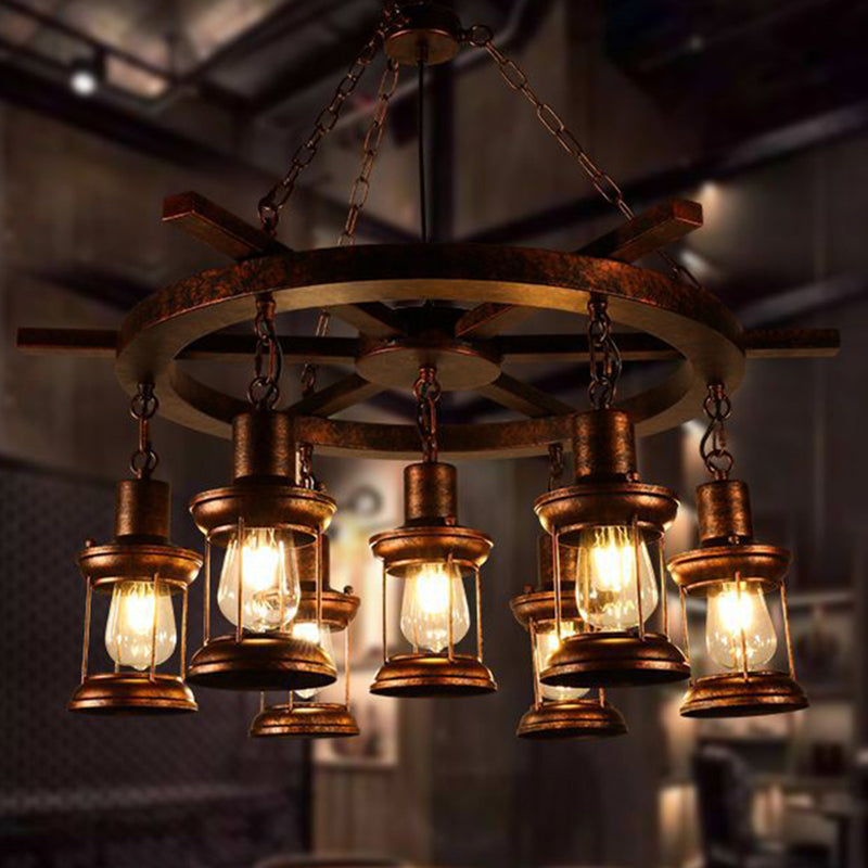 Kerosene Clear Glass Light Chandelier Vintage Style 3/7-Light Dining Room Pendant Lighting in Bronze 7 Bronze Clearhalo 'Cast Iron' 'Ceiling Lights' 'Chandeliers' 'Industrial Chandeliers' 'Industrial' 'Metal' 'Middle Century Chandeliers' 'Rustic Chandeliers' 'Tiffany' Lighting' 207713