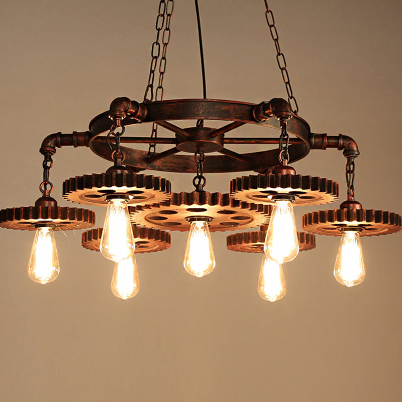 Antique Copper 7 Lights Chandelier Light Fixture Retro Industrial Metal Gear Shaped Pendant Lamp Clearhalo 'Cast Iron' 'Ceiling Lights' 'Chandeliers' 'Industrial Chandeliers' 'Industrial' 'Metal' 'Middle Century Chandeliers' 'Rustic Chandeliers' 'Tiffany' Lighting' 207742