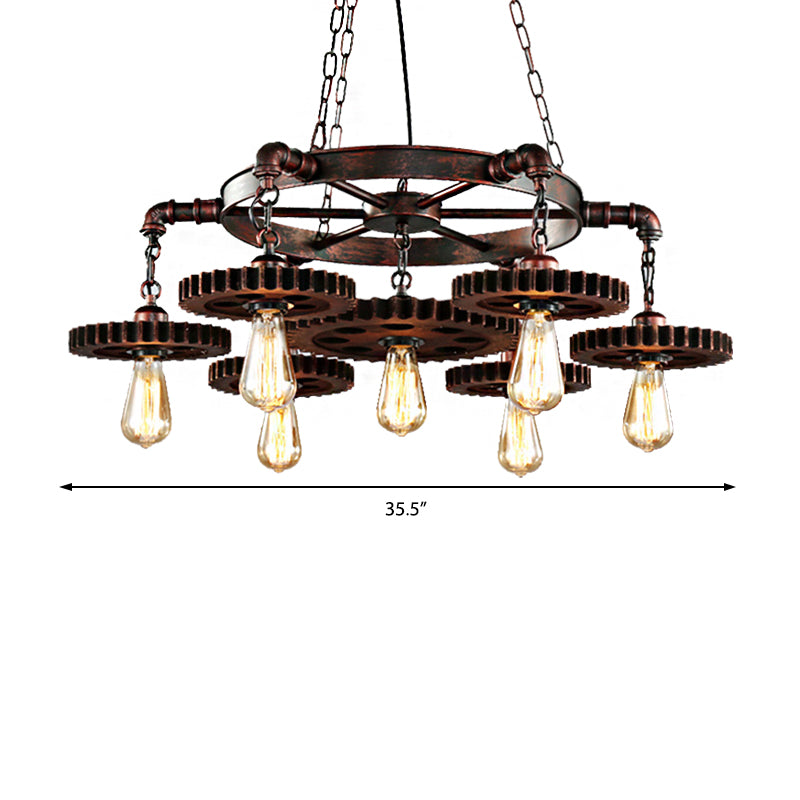 Antique Copper 7 Lights Chandelier Light Fixture Retro Industrial Metal Gear Shaped Pendant Lamp Clearhalo 'Cast Iron' 'Ceiling Lights' 'Chandeliers' 'Industrial Chandeliers' 'Industrial' 'Metal' 'Middle Century Chandeliers' 'Rustic Chandeliers' 'Tiffany' Lighting' 207744