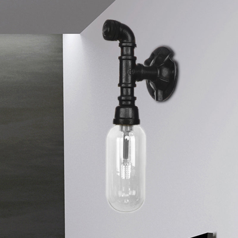 Black Capsule Shade Sconce Light Industrial Clear Glass 1 Light Corridor Wall Mount Lighting with Pipe Design Black C Clearhalo 'Art deco wall lights' 'Cast Iron' 'Glass' 'Industrial wall lights' 'Industrial' 'Middle century wall lights' 'Modern' 'Rustic wall lights' 'Tiffany' 'Traditional wall lights' 'Wall Lamps & Sconces' 'Wall Lights' Lighting' 208133