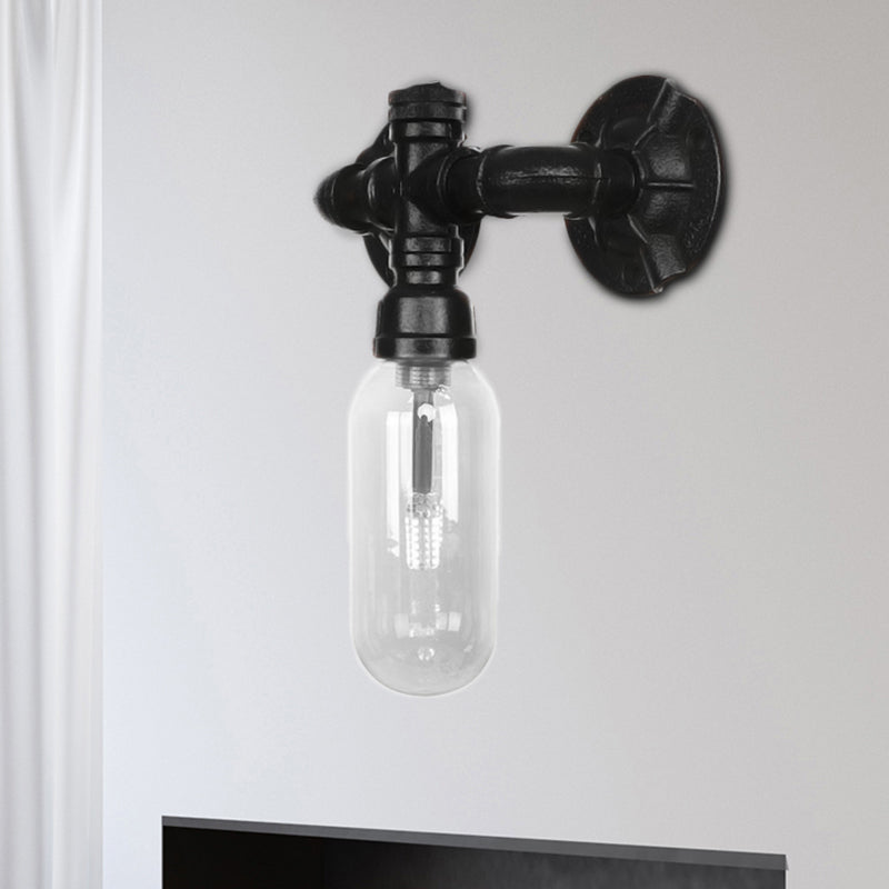 Black Capsule Shade Sconce Light Industrial Clear Glass 1 Light Corridor Wall Mount Lighting with Pipe Design Black A Clearhalo 'Art deco wall lights' 'Cast Iron' 'Glass' 'Industrial wall lights' 'Industrial' 'Middle century wall lights' 'Modern' 'Rustic wall lights' 'Tiffany' 'Traditional wall lights' 'Wall Lamps & Sconces' 'Wall Lights' Lighting' 208139