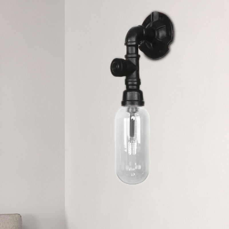 Industrial Capsule Shade Sconce Light Fixture Single Bulb Clear Glass Wall Mounted Pipe Light in Black Black A Clearhalo 'Art deco wall lights' 'Cast Iron' 'Glass' 'Industrial wall lights' 'Industrial' 'Middle century wall lights' 'Modern' 'Rustic wall lights' 'Tiffany' 'Traditional wall lights' 'Wall Lamps & Sconces' 'Wall Lights' Lighting' 208160