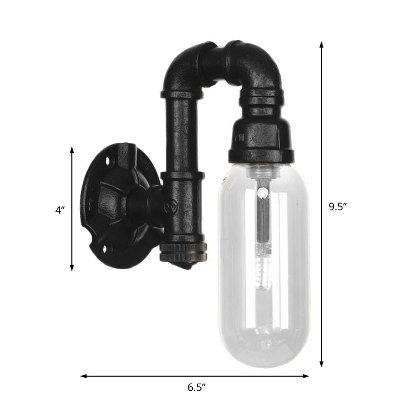 Industrial Capsule Shade Sconce Light Fixture Single Bulb Clear Glass Wall Mounted Pipe Light in Black Clearhalo 'Art deco wall lights' 'Cast Iron' 'Glass' 'Industrial wall lights' 'Industrial' 'Middle century wall lights' 'Modern' 'Rustic wall lights' 'Tiffany' 'Traditional wall lights' 'Wall Lamps & Sconces' 'Wall Lights' Lighting' 208166