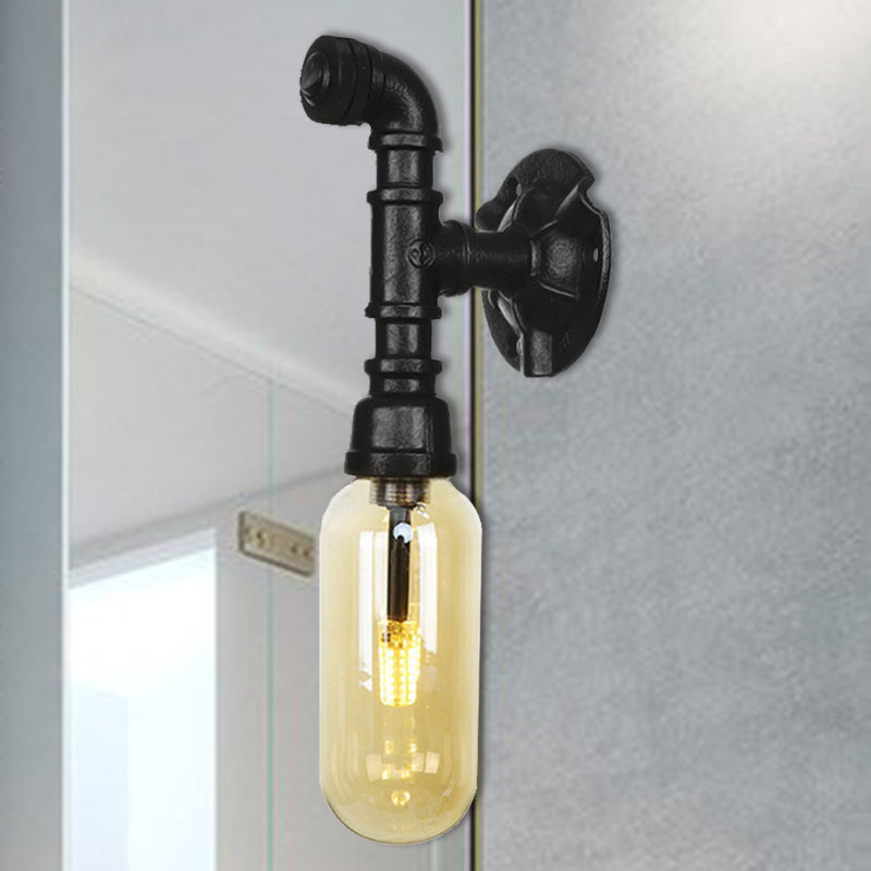 Oval Amber Glass Sconce Lighting Industrial 1 Bulb Corridor Wall Mounted Lamp in Black with Pipe Design Black A Clearhalo 'Art deco wall lights' 'Cast Iron' 'Glass' 'Industrial wall lights' 'Industrial' 'Middle century wall lights' 'Modern' 'Rustic wall lights' 'Tiffany' 'Traditional wall lights' 'Wall Lamps & Sconces' 'Wall Lights' Lighting' 208292