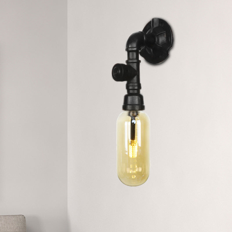 Oval Amber Glass Sconce Lighting Industrial 1 Bulb Corridor Wall Mounted Lamp in Black with Pipe Design Black D Clearhalo 'Art deco wall lights' 'Cast Iron' 'Glass' 'Industrial wall lights' 'Industrial' 'Middle century wall lights' 'Modern' 'Rustic wall lights' 'Tiffany' 'Traditional wall lights' 'Wall Lamps & Sconces' 'Wall Lights' Lighting' 208299