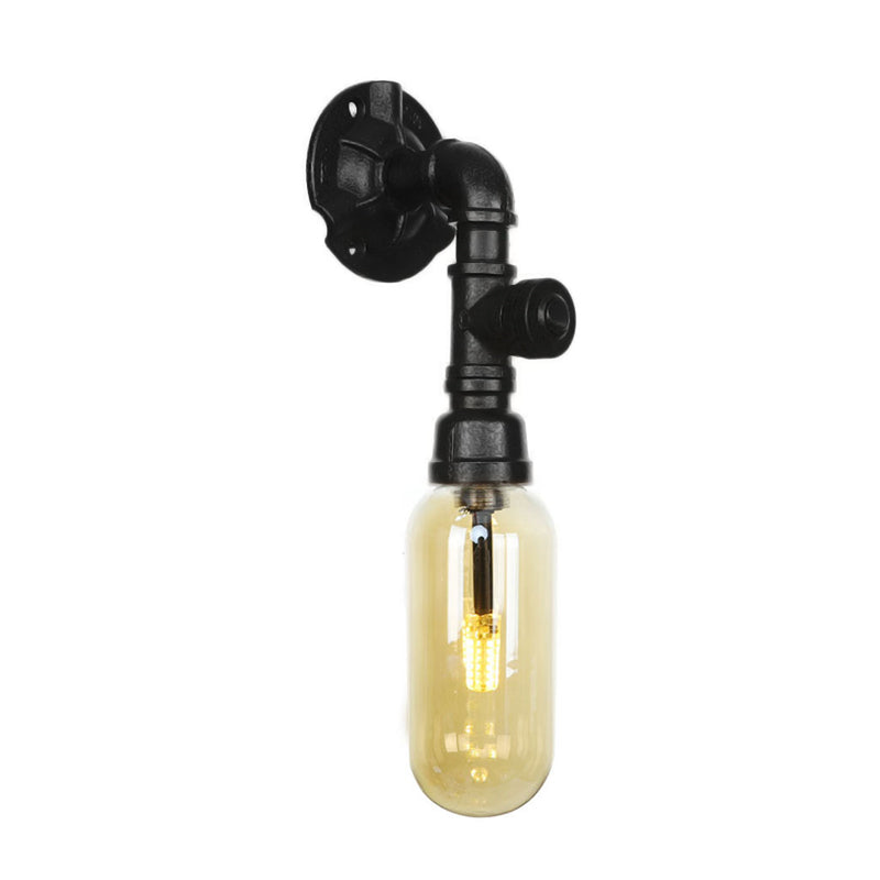 Oval Amber Glass Sconce Lighting Industrial 1 Bulb Corridor Wall Mounted Lamp in Black with Pipe Design Clearhalo 'Art deco wall lights' 'Cast Iron' 'Glass' 'Industrial wall lights' 'Industrial' 'Middle century wall lights' 'Modern' 'Rustic wall lights' 'Tiffany' 'Traditional wall lights' 'Wall Lamps & Sconces' 'Wall Lights' Lighting' 208300