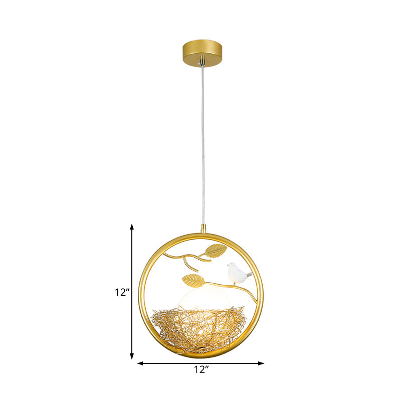 Brass Nest Pendant Light Art Deco 1 Light Metal Suspension Light with Ring/Oval/Sled Frame, 9.5