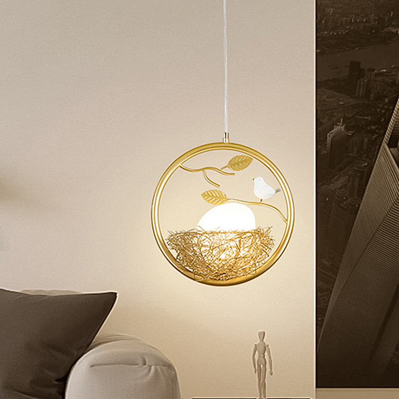 Brass Nest Pendant Light Art Deco 1 Light Metal Suspension Light with Ring/Oval/Sled Frame, 9.5