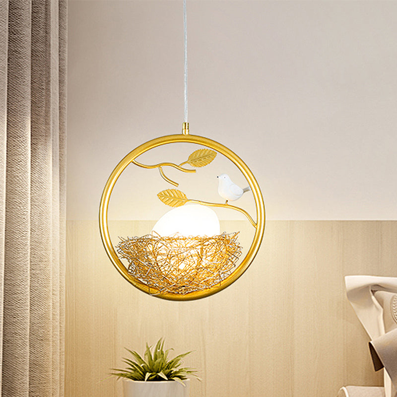 Brass Nest Pendant Light Art Deco 1 Light Metal Suspension Light with Ring/Oval/Sled Frame, 9.5