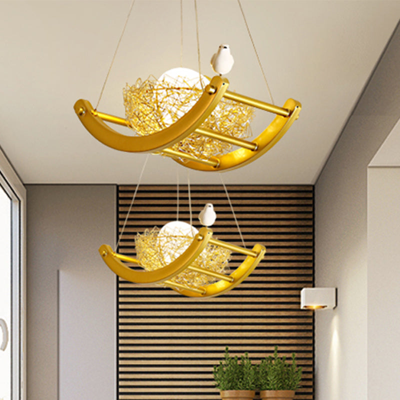 Brass Nest Pendant Light Art Deco 1 Light Metal Suspension Light with Ring/Oval/Sled Frame, 9.5