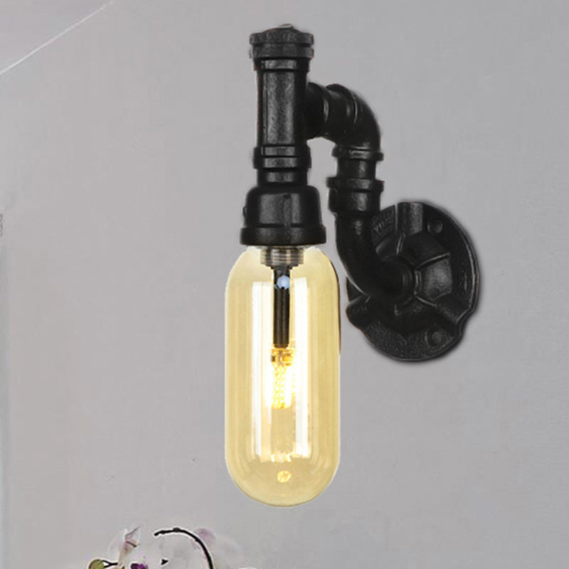 Capsule Amber Glass Sconce Lighting Industrial 1 Bulb Indoor Wall Mounted Lamp in Black with Pipe Design Black B Clearhalo 'Art deco wall lights' 'Cast Iron' 'Glass' 'Industrial wall lights' 'Industrial' 'Middle century wall lights' 'Modern' 'Rustic wall lights' 'Tiffany' 'Traditional wall lights' 'Wall Lamps & Sconces' 'Wall Lights' Lighting' 208377