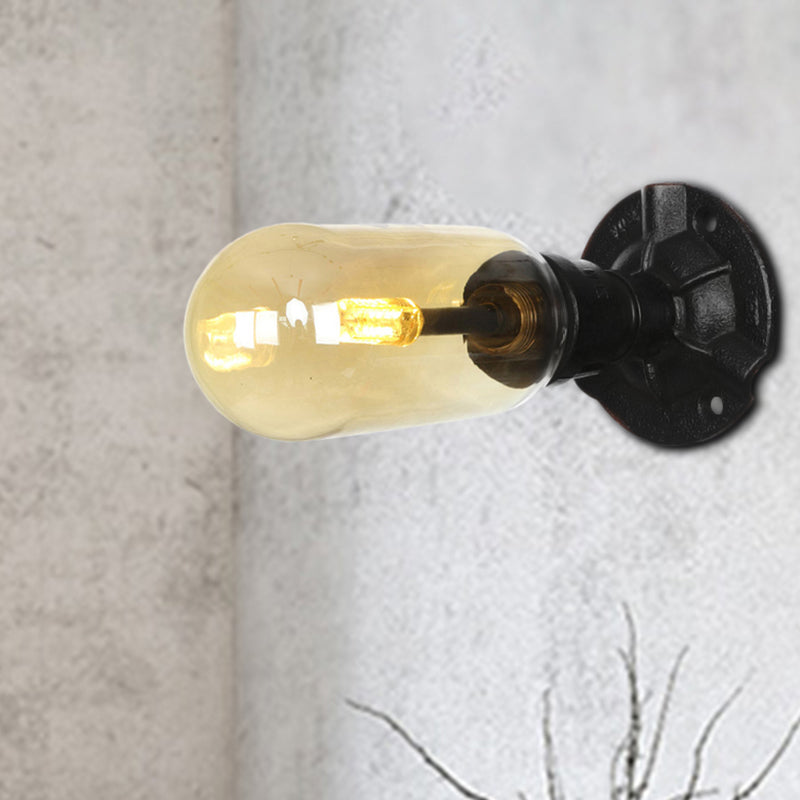 1/2 Bulb Wall Light Capsule Amber Glass Industrial Dining Room Sconce Lighting Fixture in Black with Pipe Design Black B Clearhalo 'Art deco wall lights' 'Cast Iron' 'Glass' 'Industrial wall lights' 'Industrial' 'Middle century wall lights' 'Modern' 'Rustic wall lights' 'Tiffany' 'Traditional wall lights' 'Wall Lamps & Sconces' 'Wall Lights' Lighting' 208436