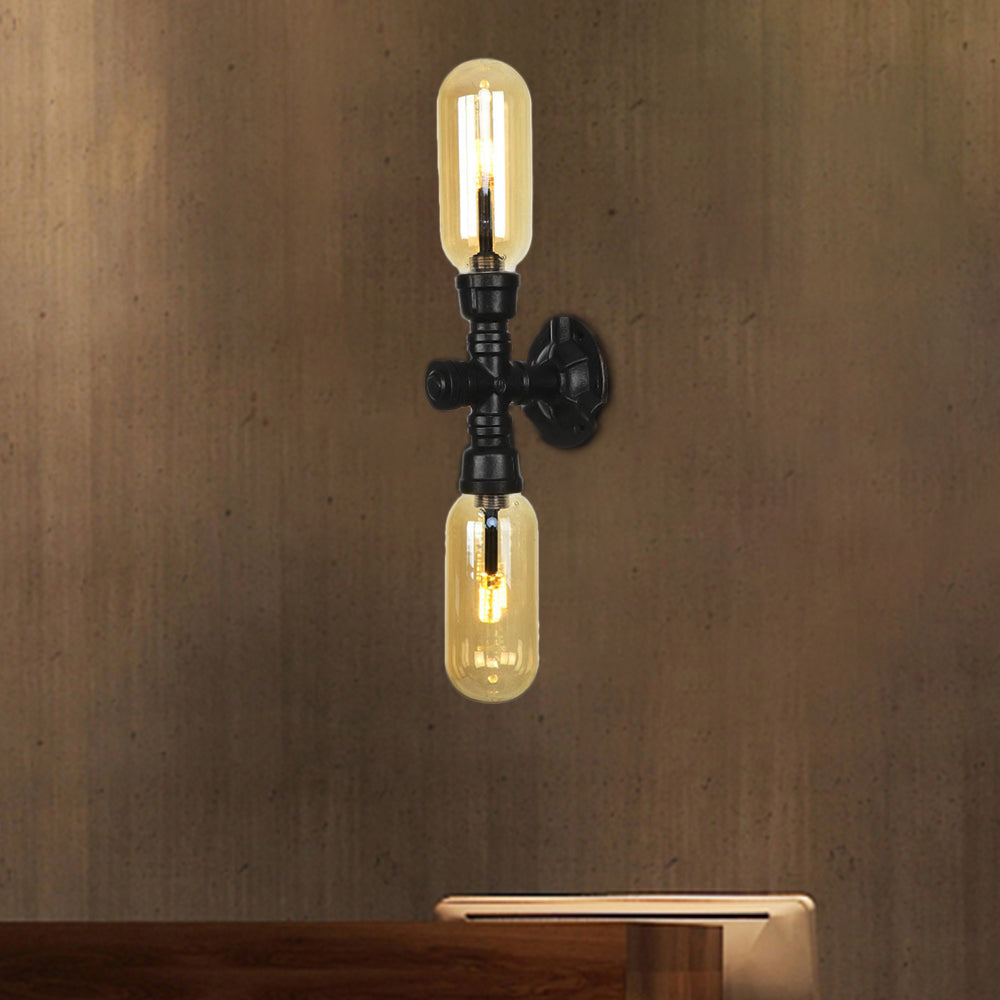 1/2 Bulb Wall Light Capsule Amber Glass Industrial Dining Room Sconce Lighting Fixture in Black with Pipe Design Black C Clearhalo 'Art deco wall lights' 'Cast Iron' 'Glass' 'Industrial wall lights' 'Industrial' 'Middle century wall lights' 'Modern' 'Rustic wall lights' 'Tiffany' 'Traditional wall lights' 'Wall Lamps & Sconces' 'Wall Lights' Lighting' 208440