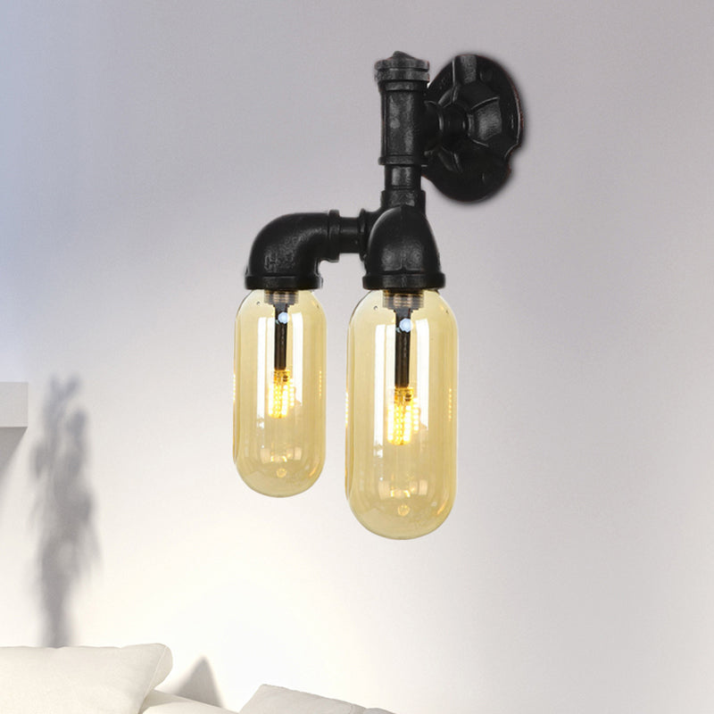 Amber Glass Black Sconce Light Capsule 2 Light Industrial Wall Mounted Pipe Light for Living Room Black A Clearhalo 'Art deco wall lights' 'Cast Iron' 'Glass' 'Industrial wall lights' 'Industrial' 'Middle century wall lights' 'Modern' 'Rustic wall lights' 'Tiffany' 'Traditional wall lights' 'Wall Lamps & Sconces' 'Wall Lights' Lighting' 208496