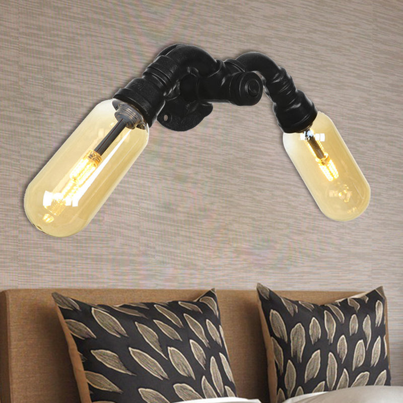 Amber Glass Black Sconce Light Capsule 2 Light Industrial Wall Mounted Pipe Light for Living Room Black B Clearhalo 'Art deco wall lights' 'Cast Iron' 'Glass' 'Industrial wall lights' 'Industrial' 'Middle century wall lights' 'Modern' 'Rustic wall lights' 'Tiffany' 'Traditional wall lights' 'Wall Lamps & Sconces' 'Wall Lights' Lighting' 208499