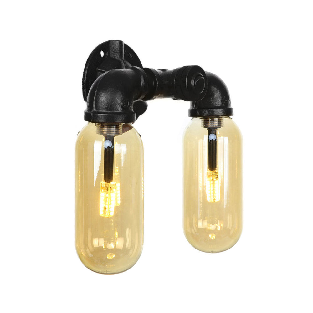 Amber Glass Black Sconce Light Capsule 2 Light Industrial Wall Mounted Pipe Light for Living Room Clearhalo 'Art deco wall lights' 'Cast Iron' 'Glass' 'Industrial wall lights' 'Industrial' 'Middle century wall lights' 'Modern' 'Rustic wall lights' 'Tiffany' 'Traditional wall lights' 'Wall Lamps & Sconces' 'Wall Lights' Lighting' 208507