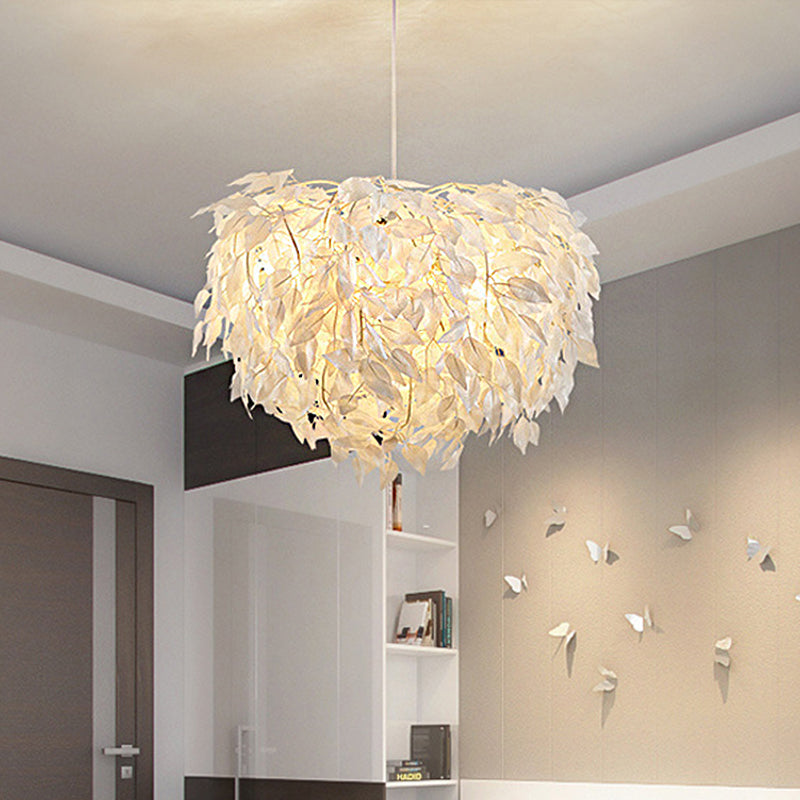 White Leaf Pendant Lamp Modern Fabric 1 Light Bedroom Hanging Light Fixture, 19.5