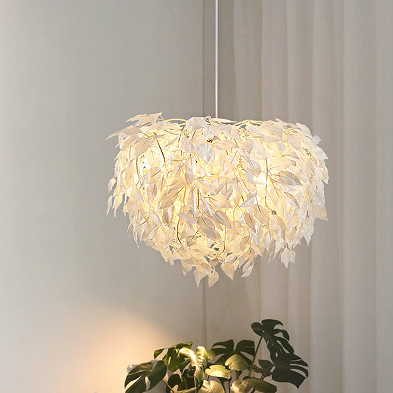 White Leaf Pendant Lamp Modern Fabric 1 Light Bedroom Hanging Light Fixture, 19.5