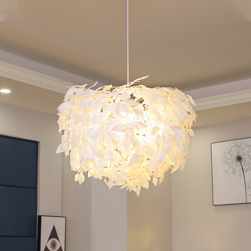 White Leaf Pendant Lamp Modern Fabric 1 Light Bedroom Hanging Light Fixture, 19.5