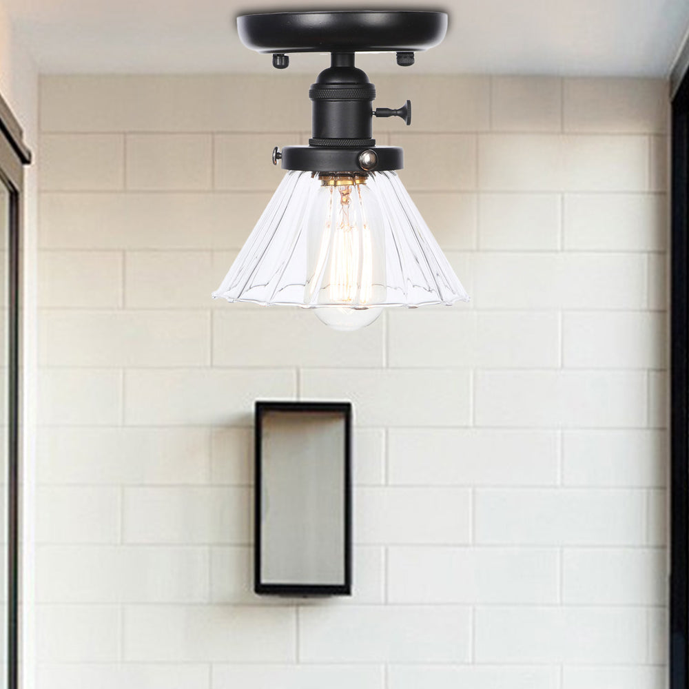 1 Bulb Semi Flush Mount Clear/Amber Glass Industrial Cone/Rhombus/Bell Ceiling Light for Kitchen Clear Bell Clearhalo 'Ceiling Lights' 'Close To Ceiling Lights' 'Close to ceiling' 'Glass shade' 'Glass' 'Semi-flushmount' Lighting' 208907