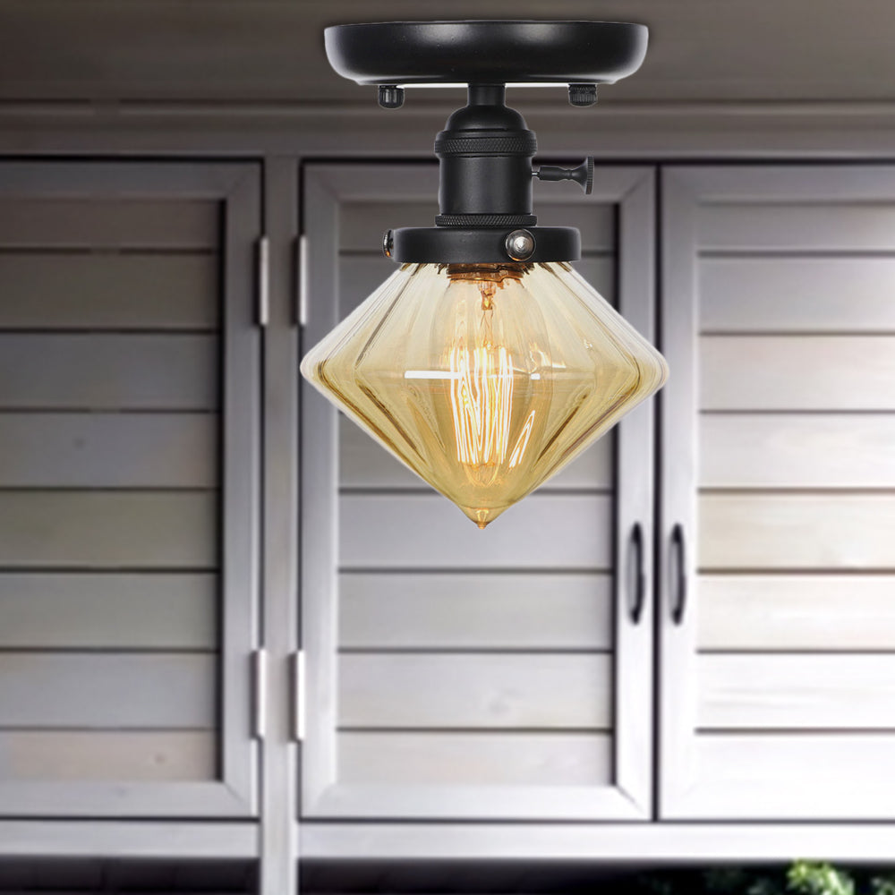 1 Bulb Semi Flush Mount Clear/Amber Glass Industrial Cone/Rhombus/Bell Ceiling Light for Kitchen Amber Rhombus Clearhalo 'Ceiling Lights' 'Close To Ceiling Lights' 'Close to ceiling' 'Glass shade' 'Glass' 'Semi-flushmount' Lighting' 208916