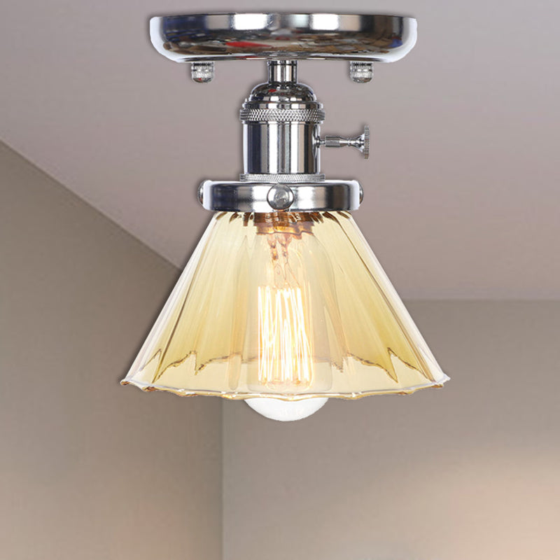 1 Bulb Semi Flush Mount Cone/Bell/Rhombus Industrial Clear/Amber Glass Ceiling Light in Chrome Amber Bell Clearhalo 'Ceiling Lights' 'Close To Ceiling Lights' 'Close to ceiling' 'Glass shade' 'Glass' 'Semi-flushmount' Lighting' 208975