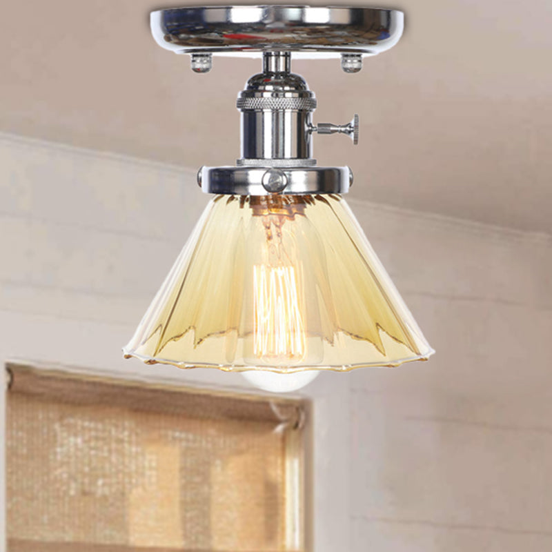 1 Bulb Semi Flush Mount Cone/Bell/Rhombus Industrial Clear/Amber Glass Ceiling Light in Chrome Clearhalo 'Ceiling Lights' 'Close To Ceiling Lights' 'Close to ceiling' 'Glass shade' 'Glass' 'Semi-flushmount' Lighting' 208976