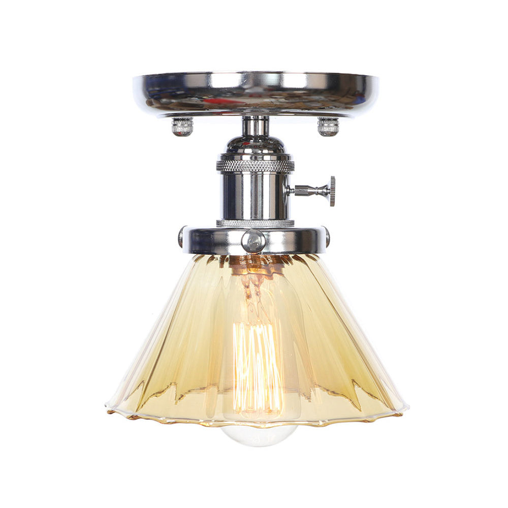 1 Bulb Semi Flush Mount Cone/Bell/Rhombus Industrial Clear/Amber Glass Ceiling Light in Chrome Clearhalo 'Ceiling Lights' 'Close To Ceiling Lights' 'Close to ceiling' 'Glass shade' 'Glass' 'Semi-flushmount' Lighting' 208977