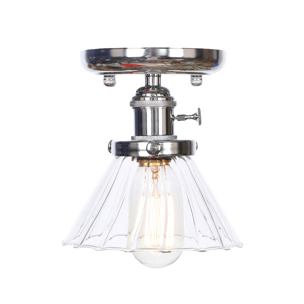 1 Bulb Semi Flush Mount Cone/Bell/Rhombus Industrial Clear/Amber Glass Ceiling Light in Chrome Clearhalo 'Ceiling Lights' 'Close To Ceiling Lights' 'Close to ceiling' 'Glass shade' 'Glass' 'Semi-flushmount' Lighting' 208980