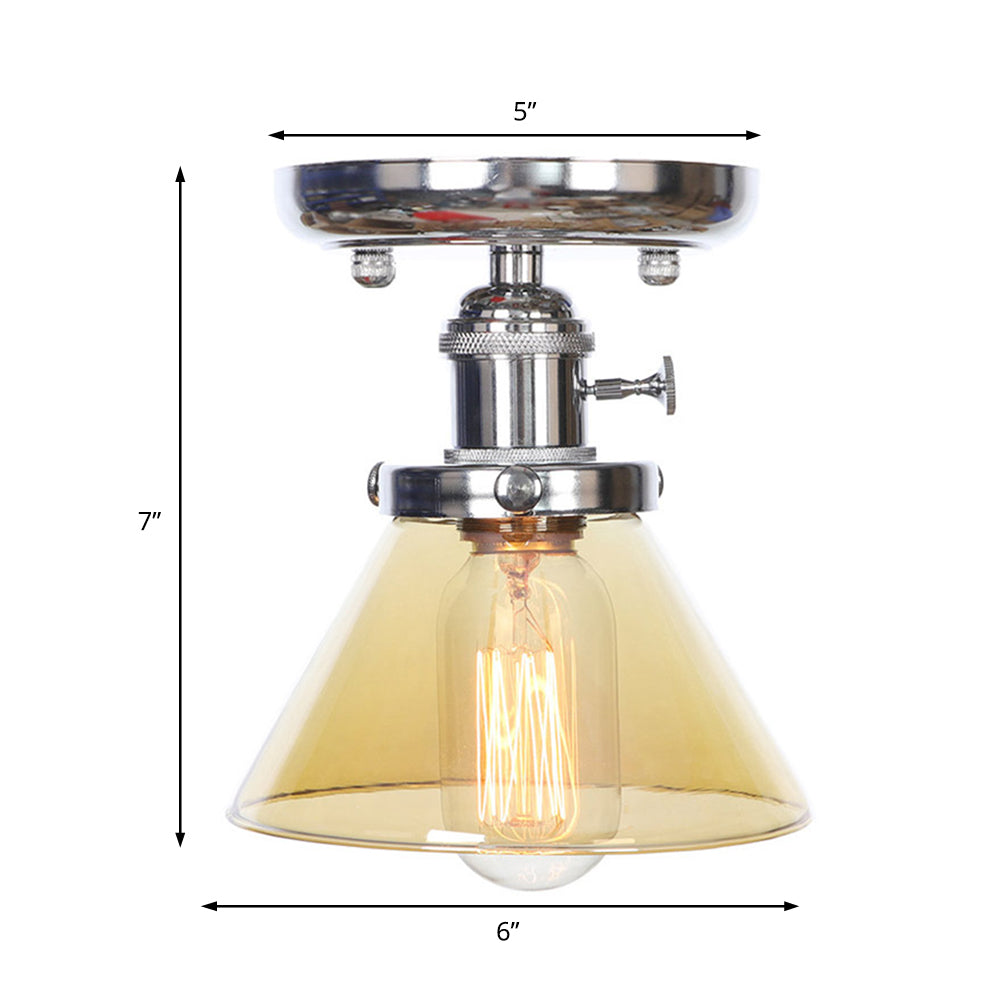 1 Bulb Semi Flush Mount Cone/Bell/Rhombus Industrial Clear/Amber Glass Ceiling Light in Chrome Clearhalo 'Ceiling Lights' 'Close To Ceiling Lights' 'Close to ceiling' 'Glass shade' 'Glass' 'Semi-flushmount' Lighting' 208983