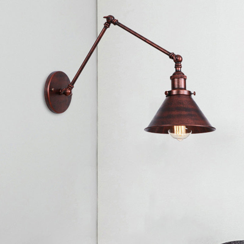 Conic Study Room Wall Sconce Industrial Metallic 1 Bulb Black/Brass Wall Lamp with Swing Arm Rust Clearhalo 'Art deco wall lights' 'Cast Iron' 'Glass' 'Industrial wall lights' 'Industrial' 'Middle century wall lights' 'Modern' 'Rustic wall lights' 'Tiffany' 'Traditional wall lights' 'Wall Lamps & Sconces' 'Wall Lights' Lighting' 209086