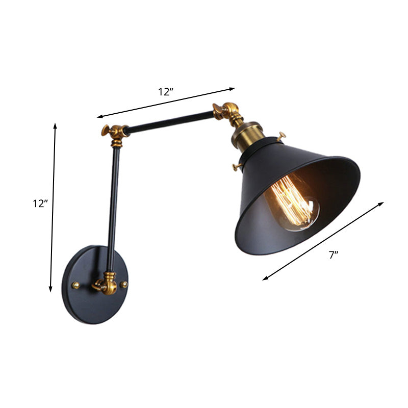 Conic Study Room Wall Sconce Industrial Metallic 1 Bulb Black/Brass Wall Lamp with Swing Arm Clearhalo 'Art deco wall lights' 'Cast Iron' 'Glass' 'Industrial wall lights' 'Industrial' 'Middle century wall lights' 'Modern' 'Rustic wall lights' 'Tiffany' 'Traditional wall lights' 'Wall Lamps & Sconces' 'Wall Lights' Lighting' 209095