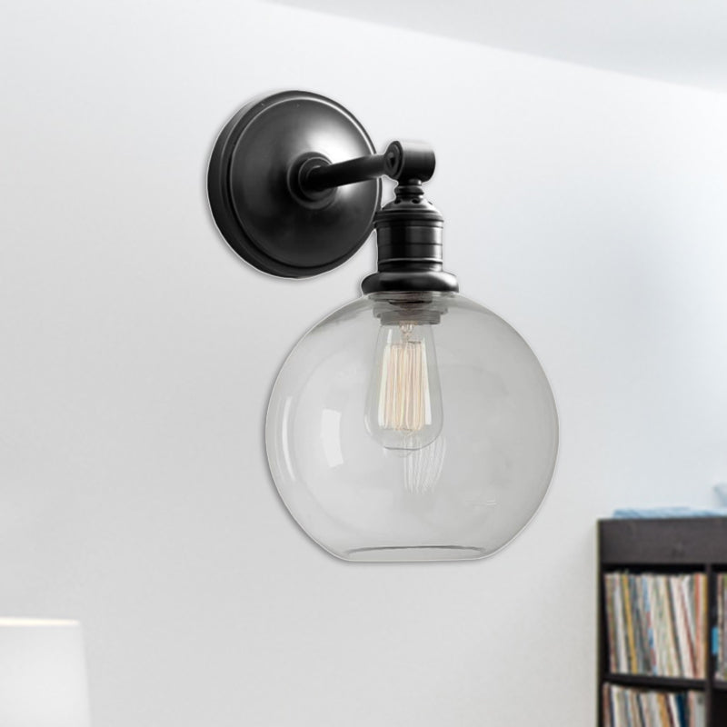 Metal Black/Chrome Sconce Light Globe/Cone 1-Light Industrial Wall Mounted Lighting for Bedroom Black Globe Clearhalo 'Art deco wall lights' 'Cast Iron' 'Glass' 'Industrial wall lights' 'Industrial' 'Middle century wall lights' 'Modern' 'Rustic wall lights' 'Tiffany' 'Traditional wall lights' 'Wall Lamps & Sconces' 'Wall Lights' Lighting' 209131