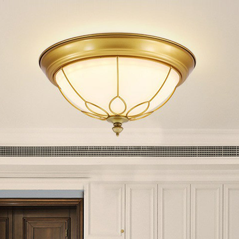 Dome Milky Glass Flush Light Rustic Bedroom LED Flush Ceiling Light Fixture with Floral Frame in Gold Gold Clearhalo 'Ceiling Lights' 'Close To Ceiling Lights' 'Close to ceiling' 'Flush mount' Lighting' 2091431