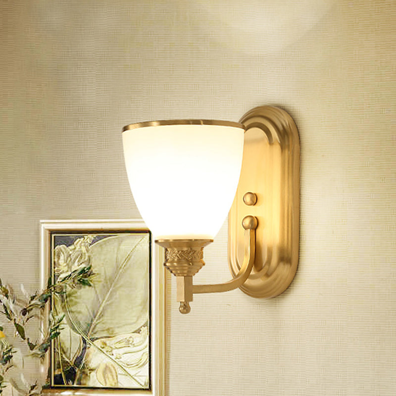 Single-Bulb Wall Light Fixture Vintage Bell Opal Frost Glass Wall Mounted Lamp in Gold Clearhalo 'Wall Lamps & Sconces' 'Wall Lights' Lighting' 2091605