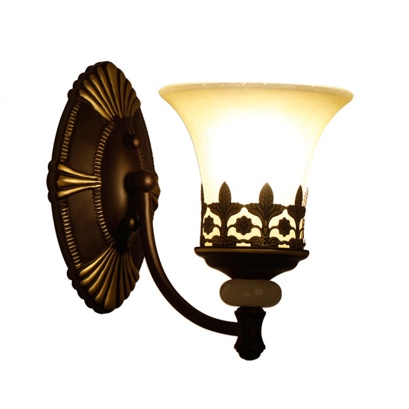 Flared Shade Beige Glass Wall Mount Light Retro Living Room Wall Lighting with Filigree in Dark Brown Clearhalo 'Wall Lamps & Sconces' 'Wall Lights' Lighting' 2091613