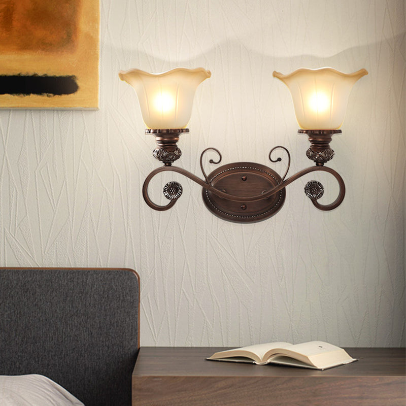 Frosted Glass Floral Shade Wall Light Classic Living Room Wall Lighting Fixture in Brown 2.0 Brown Clearhalo 'Wall Lamps & Sconces' 'Wall Lights' Lighting' 2091671