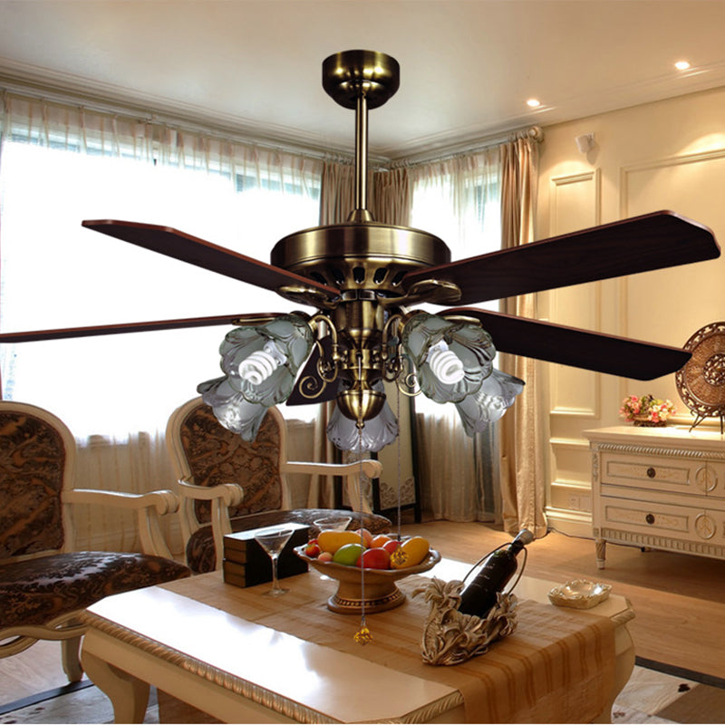 4-Blade Retro Floral Shade Ceiling Fan Light 5 Bulbs 52