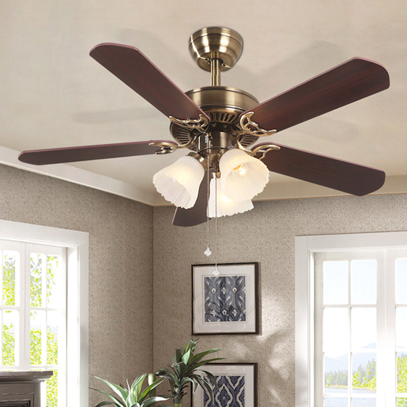 5-Blade Brass Floral Shade Hanging Fan Lamp Classic Frost Glass 3 Bulbs Living Room Semi Flush Light, 42.5