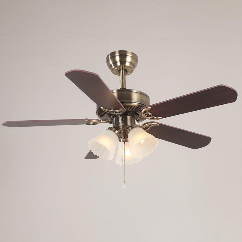 5-Blade Brass Floral Shade Hanging Fan Lamp Classic Frost Glass 3 Bulbs Living Room Semi Flush Light, 42.5