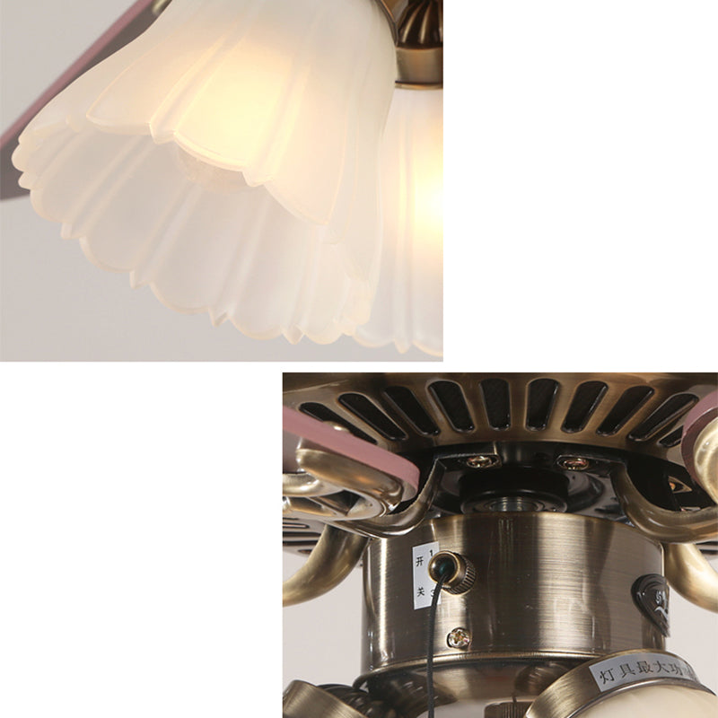 5-Blade Brass Floral Shade Hanging Fan Lamp Classic Frost Glass 3 Bulbs Living Room Semi Flush Light, 42.5