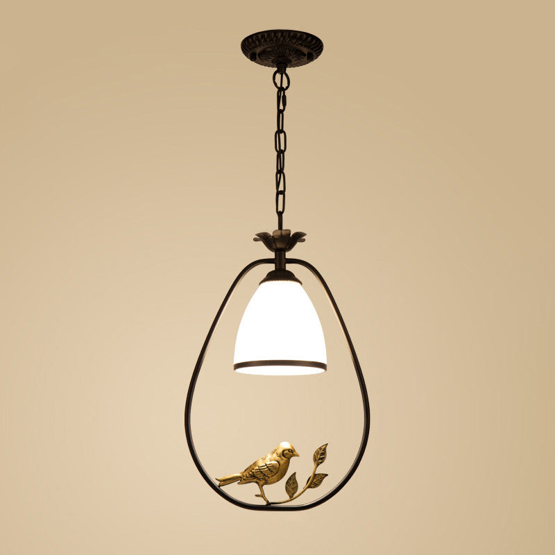 Cream Glass Bell Suspension Light Cottage Single Dining Room Pendant Ceiling Light with Bird Decor in Black Clearhalo 'Ceiling Lights' 'Glass shade' 'Glass' 'Pendant Lights' 'Pendants' Lighting' 2091735