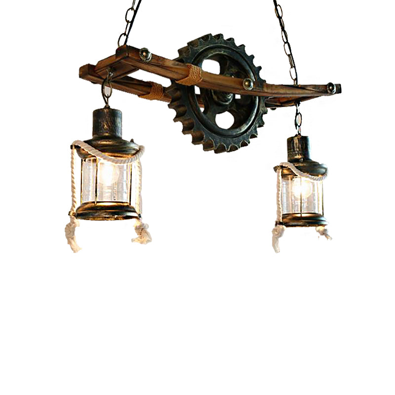 2 Lights Ceiling Light Coastal Kerosene Clear Glass Hanging Chandelier in Bronze with Gear Clearhalo 'Cast Iron' 'Ceiling Lights' 'Chandeliers' 'Industrial Chandeliers' 'Industrial' 'Metal' 'Middle Century Chandeliers' 'Rustic Chandeliers' 'Tiffany' Lighting' 209185