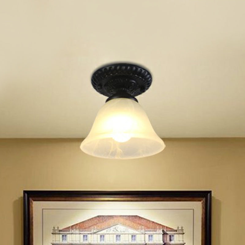 Black Bell Semi Flush Traditional Frost Glass 1-Light Corridor Flush Ceiling Light Fixture Black D Clearhalo 'Ceiling Lights' 'Close To Ceiling Lights' 'Close to ceiling' 'Glass shade' 'Glass' 'Semi-flushmount' Lighting' 2092138