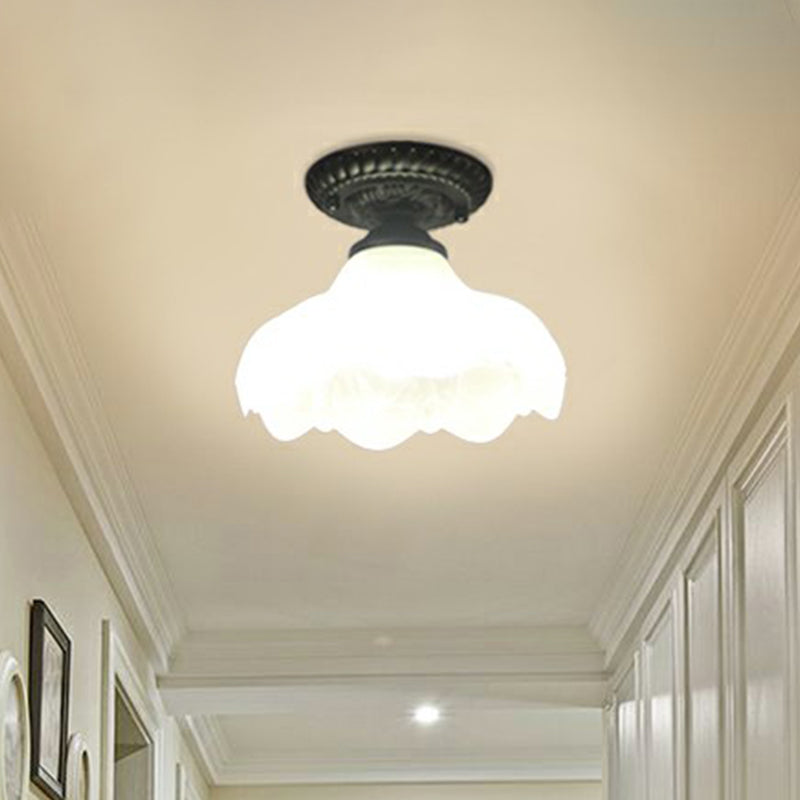 Black Bell Semi Flush Traditional Frost Glass 1-Light Corridor Flush Ceiling Light Fixture Black C Clearhalo 'Ceiling Lights' 'Close To Ceiling Lights' 'Close to ceiling' 'Glass shade' 'Glass' 'Semi-flushmount' Lighting' 2092140