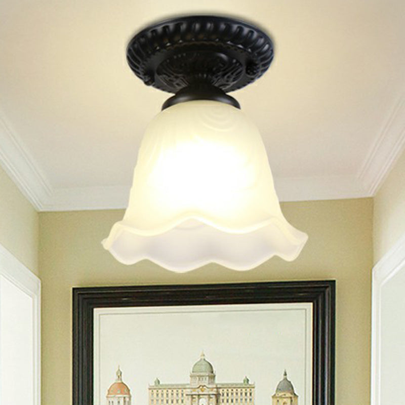 Black Bell Semi Flush Traditional Frost Glass 1-Light Corridor Flush Ceiling Light Fixture Black A Clearhalo 'Ceiling Lights' 'Close To Ceiling Lights' 'Close to ceiling' 'Glass shade' 'Glass' 'Semi-flushmount' Lighting' 2092144