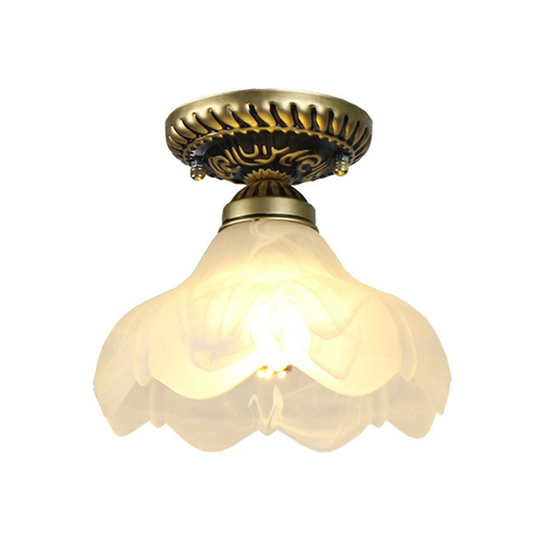 Single Frost Glass Semi Flush Mount Vintage Bronze Bell Corridor Ceiling Mounted Light Clearhalo 'Ceiling Lights' 'Close To Ceiling Lights' 'Close to ceiling' 'Glass shade' 'Glass' 'Semi-flushmount' Lighting' 2092152