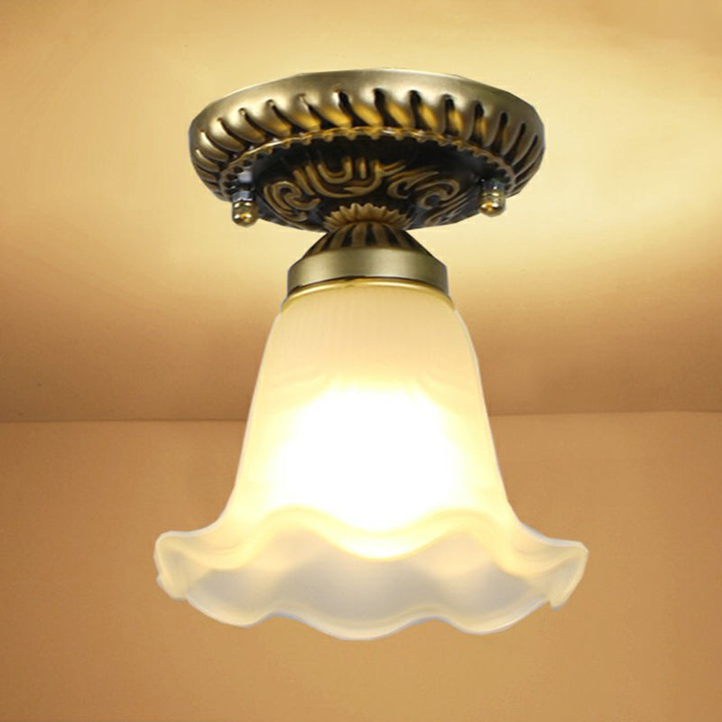 Single Frost Glass Semi Flush Mount Vintage Bronze Bell Corridor Ceiling Mounted Light Clearhalo 'Ceiling Lights' 'Close To Ceiling Lights' 'Close to ceiling' 'Glass shade' 'Glass' 'Semi-flushmount' Lighting' 2092157